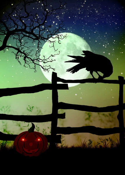 Fence with a crow,moon and frightening pumpkin
