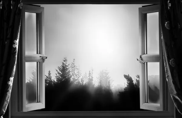 Ouvrir la fenêtre la nuit BW — Photo