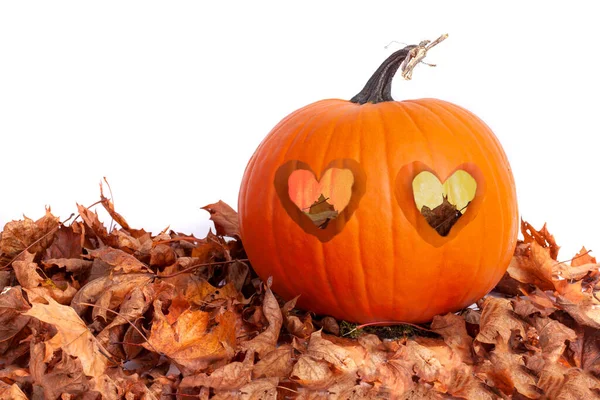 Kürbis Mit Zwei Ausgeschnittenen Liebesherzenaugen Auf Einem Bett Aus Herbstblättern — Stockfoto