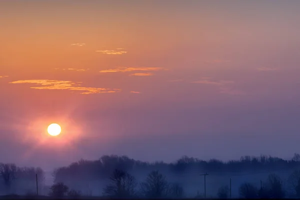 Beautiful Sunrise Rural Landscape Cold Misty Trees Orange Skies — Fotografia de Stock
