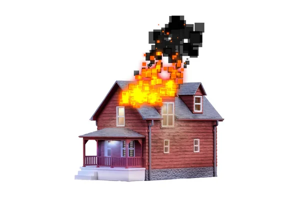 Huis Brand Externe Dak Concept Met Speelgoed Huis Pixelvormige Vuur — Stockfoto