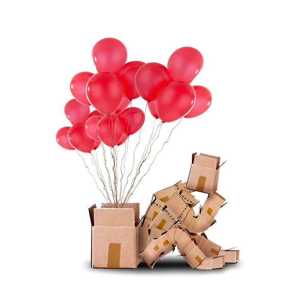 Box character sitting next to an open box with red balloons floating out of it. Thinking out of the box isolated on white background