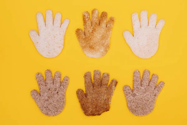 Hand Shapes Cutout Different Slices Bread Show Concept Working Together — Stok fotoğraf
