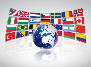 Bulmaca dünya kavramı ile ekran üzerinde ülke bayrakları