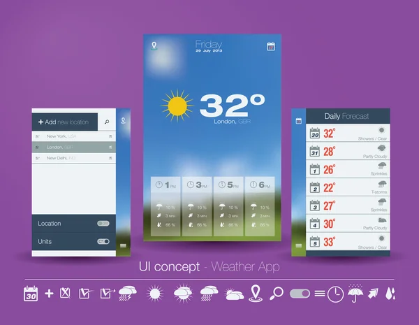 Concepto de IU para la aplicación Weather — Archivo Imágenes Vectoriales