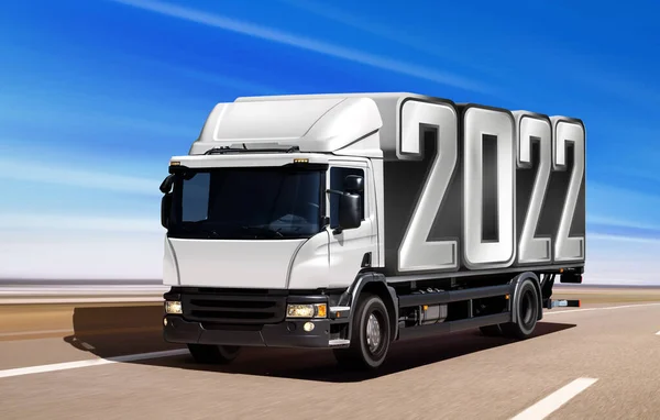 Biała Ciężarówka Jak Nadchodzący Rok 2022 Porusza Się Drogach — Zdjęcie stockowe