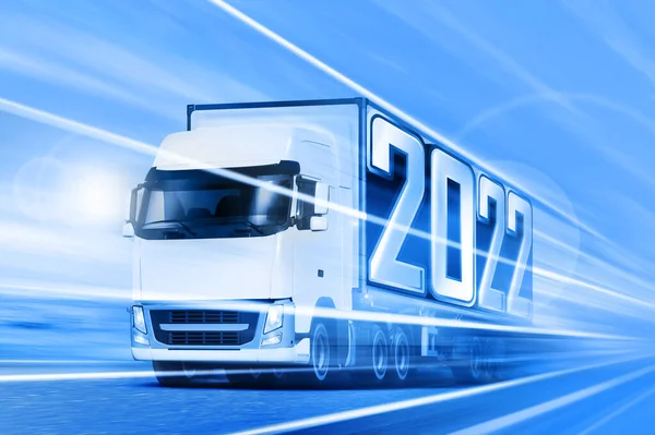 White Semi Truck Incoming Year 2022 Moving Road — Stock Photo, Image