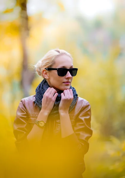 Schöne blonde Mädchen und der goldene Herbst im Park — Stockfoto