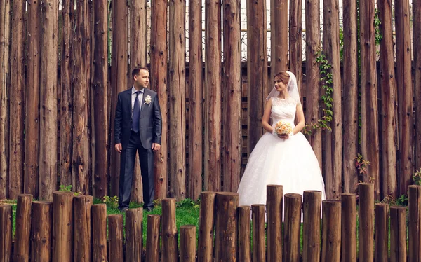 Novia y novio en el día de la boda en el fondo de una valla enorme — Foto de Stock