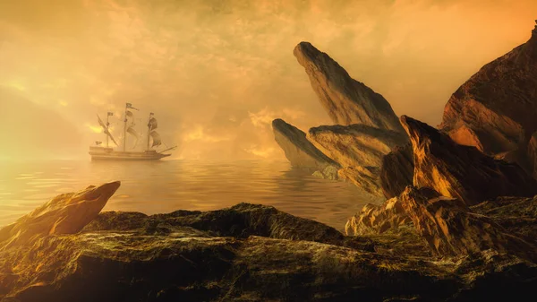 Fantasy Landscape Spanish Galleon Rock Cliff Stones Foggy Sea Mysterious — Foto de Stock