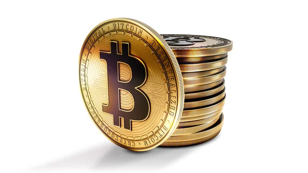 Bitcoin Met Groep Munten Geïsoleerd Witte Achtergrond Gedecentraliseerde Digitale Cryptogeld — Stockfoto
