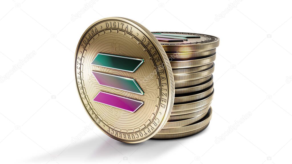 Solana with group of coins isolated on the white background. Decentralized digital cryptocurrency symbol. 3D illustration.
