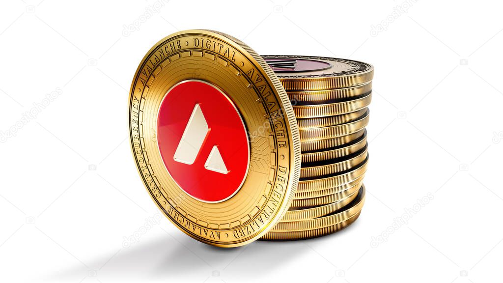 Avalanche with group of coins isolated on the white background. Decentralized digital cryptocurrency symbol. 3D illustration.