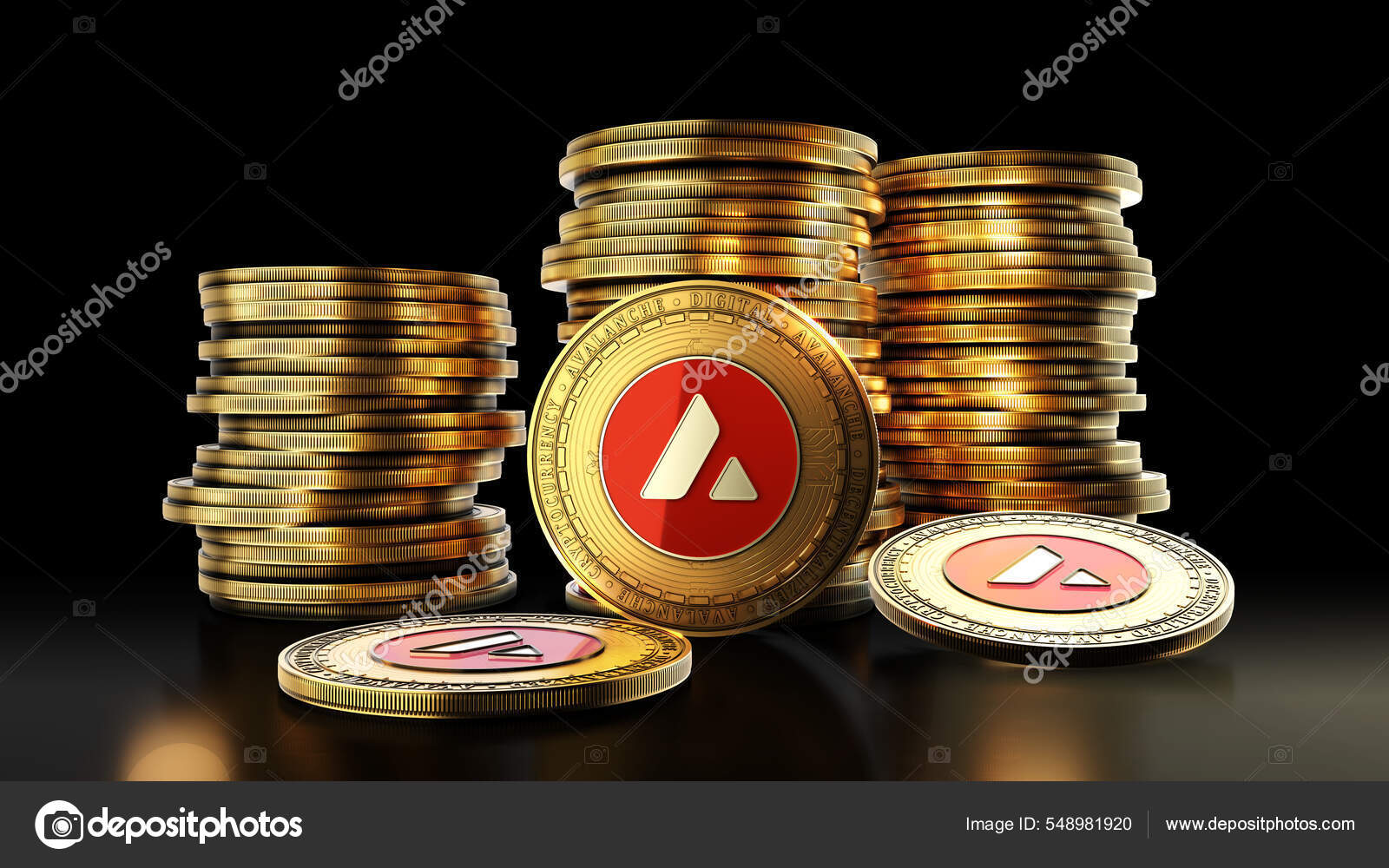 Avalanche的黑色背景上有一组硬币分散化数字加密货币符号3D插图——图库图片© vlastas #548981920