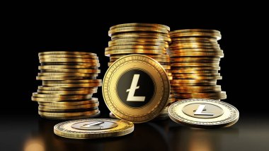 Siyah arka planda bir grup bozuk para olan Litecoin. Merkezi olmayan dijital kripto para birimi sembolü. 3B illüstrasyon.