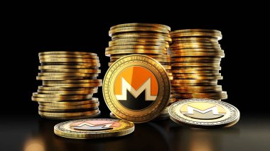 Siyah arka planda para grubu olan Monero. Merkezi olmayan dijital kripto para birimi sembolü. 3B illüstrasyon.