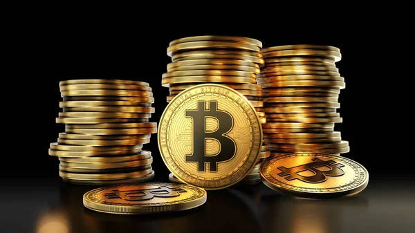 Bitcoin Met Groep Munten Zwarte Achtergrond Gedecentraliseerde Digitale Cryptogeld Symbool — Stockfoto