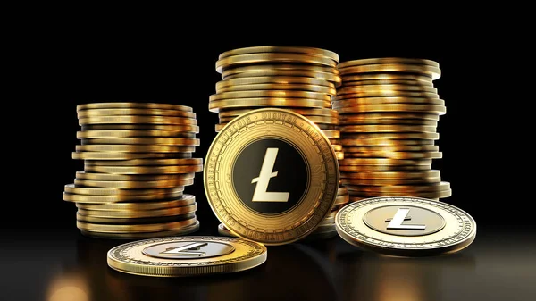 Litecoin Avec Groupe Pièces Sur Fond Noir Symbole Crypto Monnaie — Photo