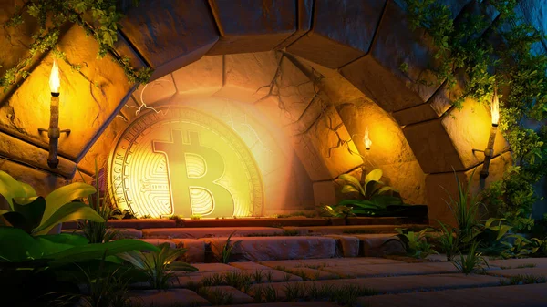 Gizemli Taş Kapının Altındaki Derin Mağarada Bitcoin Keşfediyor Boyutlu Resimleme — Stok fotoğraf