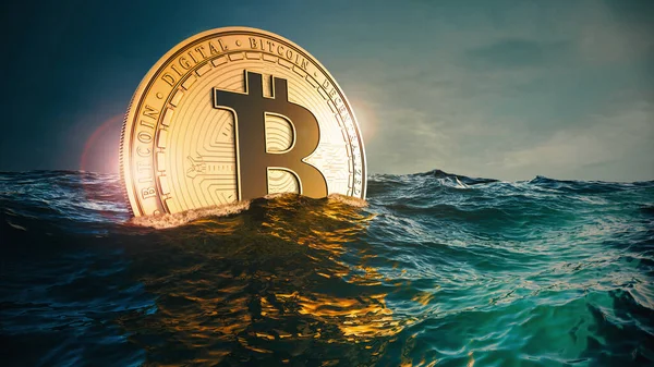 Bitcoin Rising Sinking Deep Sea Render Illustration — Stock Photo, Image