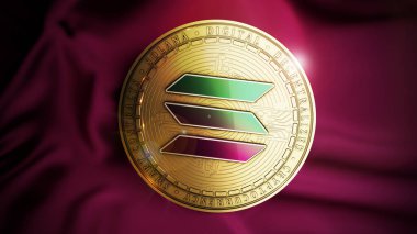 Solana coin on the red sateen background. Decentralized digital cryptocurrency symbol. 3D illustration. clipart