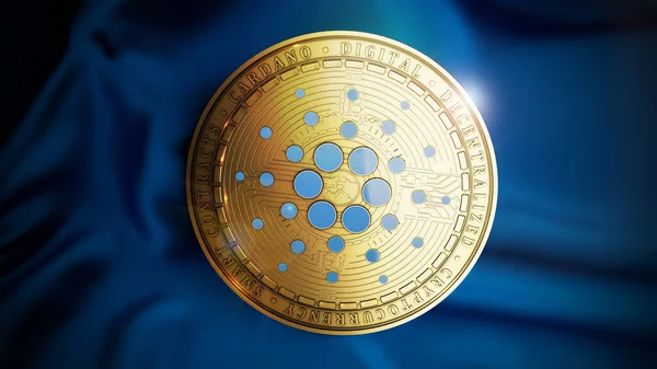 Κάρντανο Κέρμα Στο Μπλε Σατέν Φόντο Αποκεντρωμένο Ψηφιακό Σύμβολο Κρυπτονομισμάτων — Φωτογραφία Αρχείου