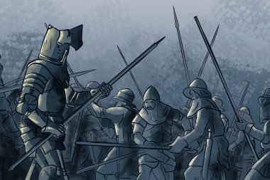 Arka planda ortaçağ savaş sahnesi illüstrasyonu olan savaşçı şövalye. Dijital resim.