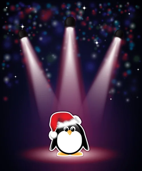 Spotlight penguin in Santa hat — Stock Vector