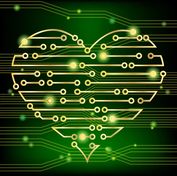 Circuit board heart green — Stock Vector