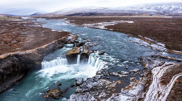 Drónfelvétel Godafoss Vízesésről Izlandról Magas Szögből Légi Kilátás Hatalmas Kaszkád — Stock Fotó