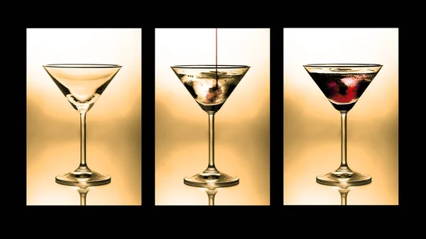 Cocktail Triptych Three Glasses Showing Stages Pouring Cocktail — Stock Photo, Image