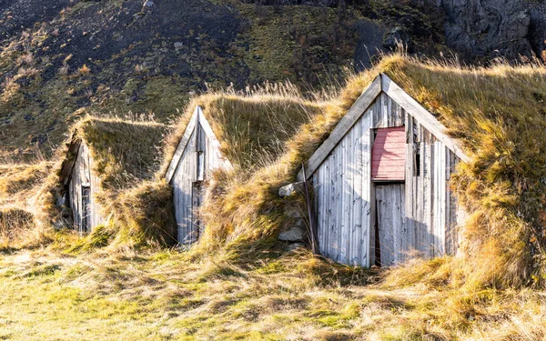 冰岛南部的农场建筑和外屋建在山坡上 这些草皮房子是传统的 是为抵御寒冷的严冬而建造的 — 图库照片