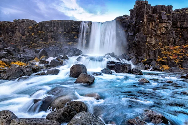 Oxarafoss Waterfall River Thingvellir National Park Iceland Long Exposure Fast — Stock Photo, Image