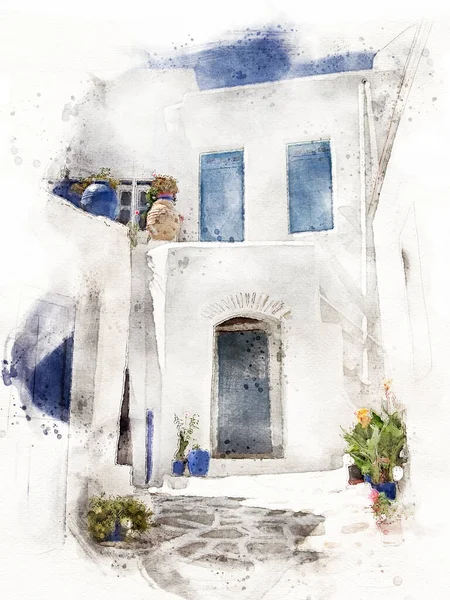 Traditional Greek Village Whitewashed Houses Blue Windows Doors Digital Watercolour — Stock Photo, Image