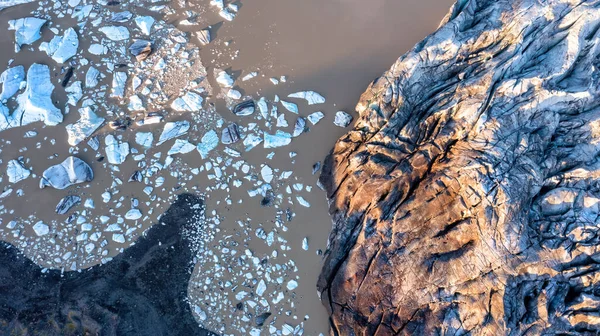 Вид Воздуха Ледник Svinafellsjokull Айсберги Ледниковой Лагуне Подробности Текстуре Льда — стоковое фото