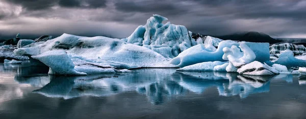 Panorama Blue Icebergs Jokulsarlon Glacial Lagoon Vatnajokull National Park Southern — Foto Stock