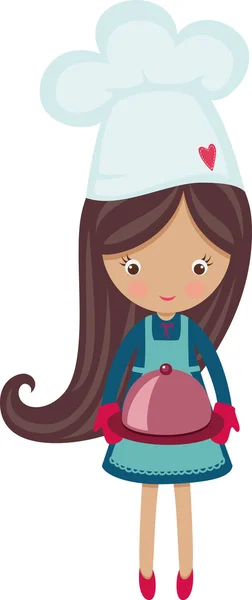 Little chef girl with hot plate — Stock Vector