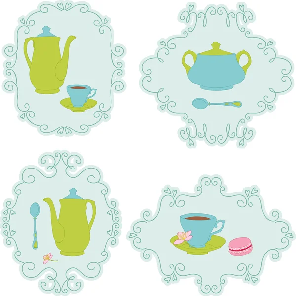 Retro tea time sticker set — Stock Vector