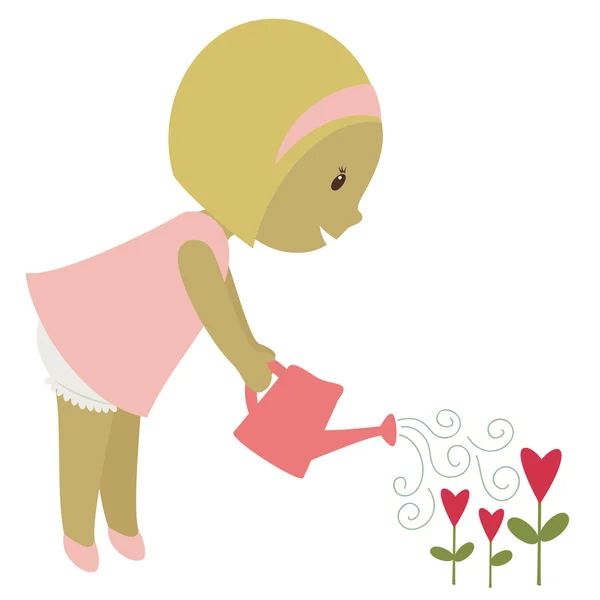 Niña regando un corazón de flores . — Vector de stock