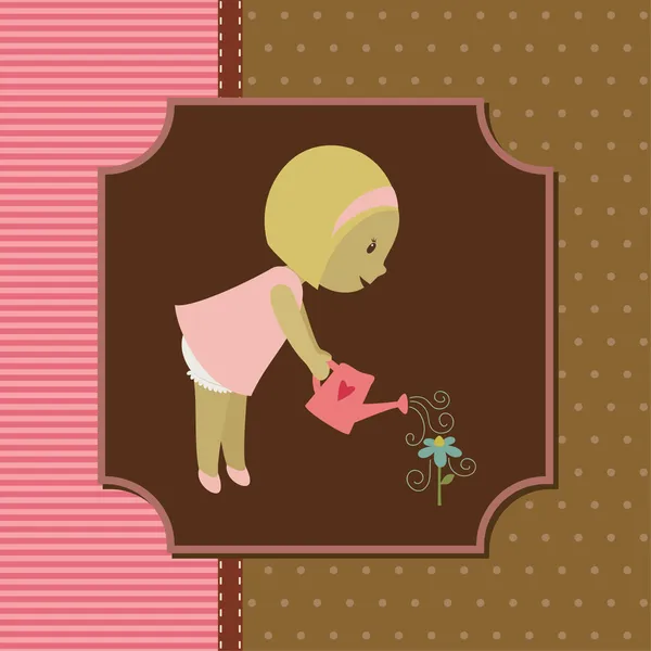 Blond little girl watering a flower. Vector card — Stock Vector