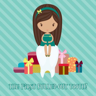 Little girl with a lot of gifts for the first pulled-out tooth clipart