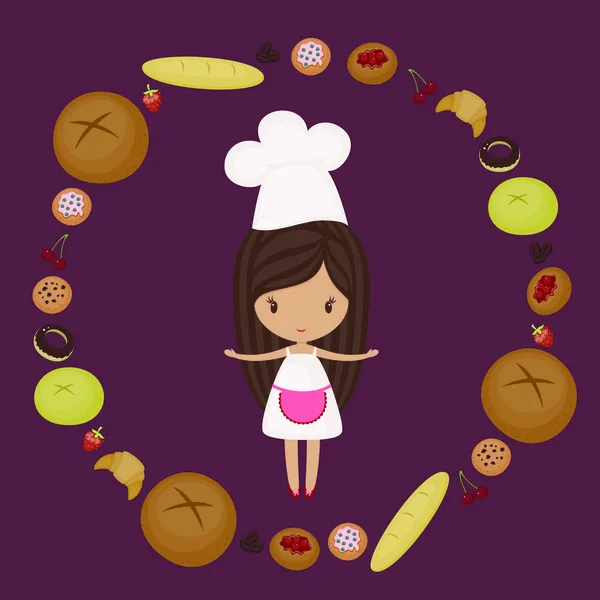 Weinig meisje bakker met bakkerijproducten rond — Stockvector