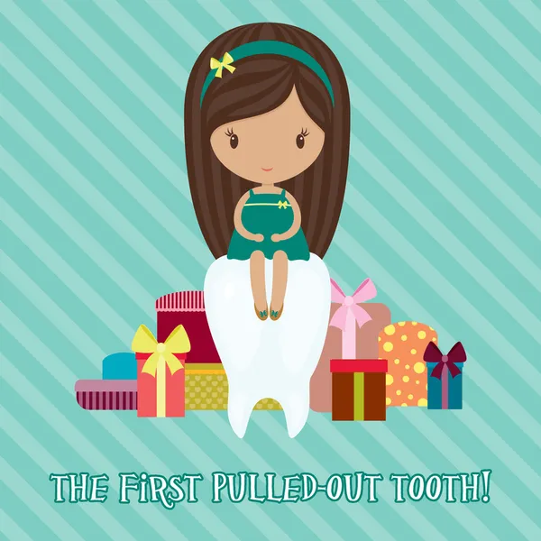 Little girl with a lot of gifts for the first pulled-out tooth — Stock Vector