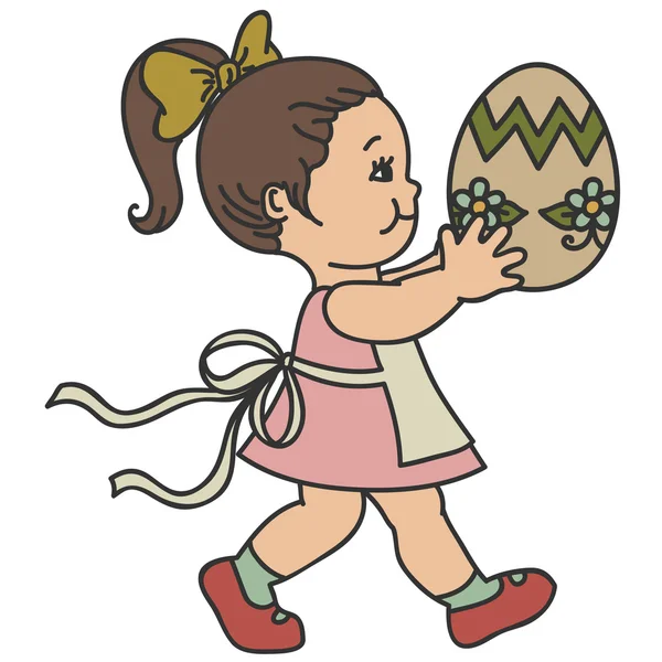 Κοριτσάκι με μεγάλο αυγό του Πάσχα, απομονωμένα σε λευκό. ρετρό εικονογράφηση — Διανυσματικό Αρχείο
