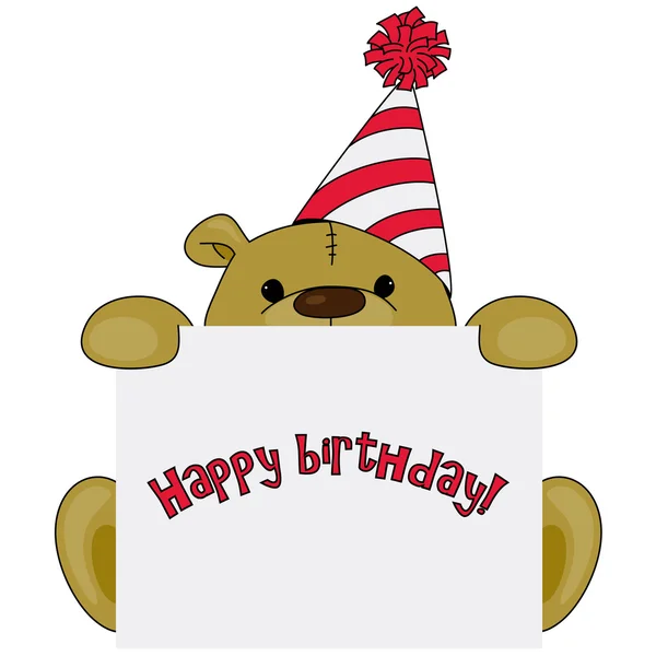 Cartoon bear in a birthday hat with greetings — Stock Vector
