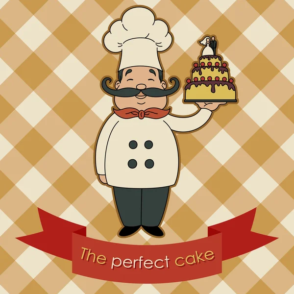 Happy chef dengan kartu kue pengantin - Stok Vektor