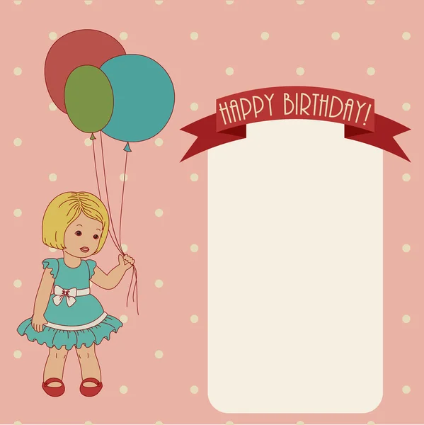 Retro doğum günü kartı ile küçük kız — Stok Vektör