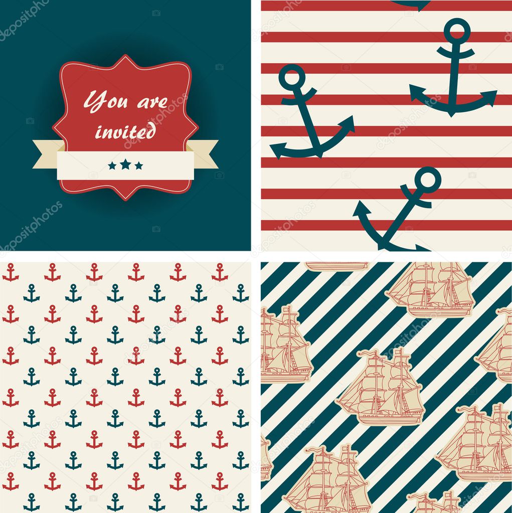 Seamless nautical patterns and invitation. Sea life theme