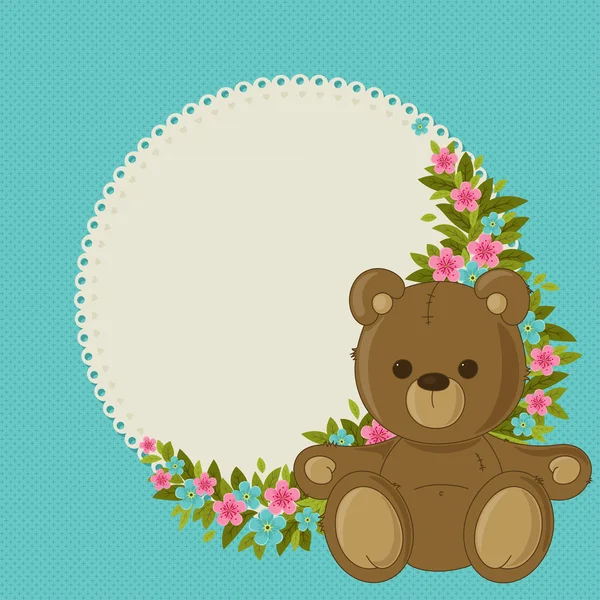 Prachtige blauwe bloemen lege kaart met teddy bear — Stockvector