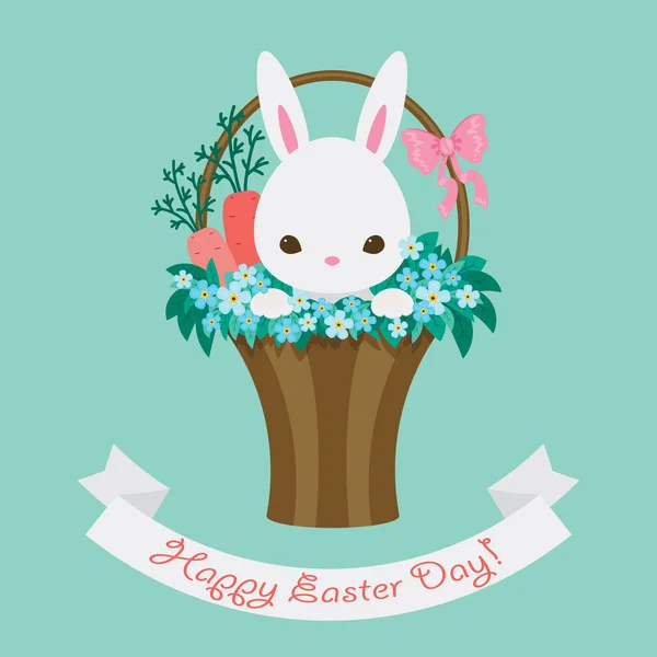 Húsvéti üdvözlőlap egy fehér nyuszi és a virág kosár — Stock Vector